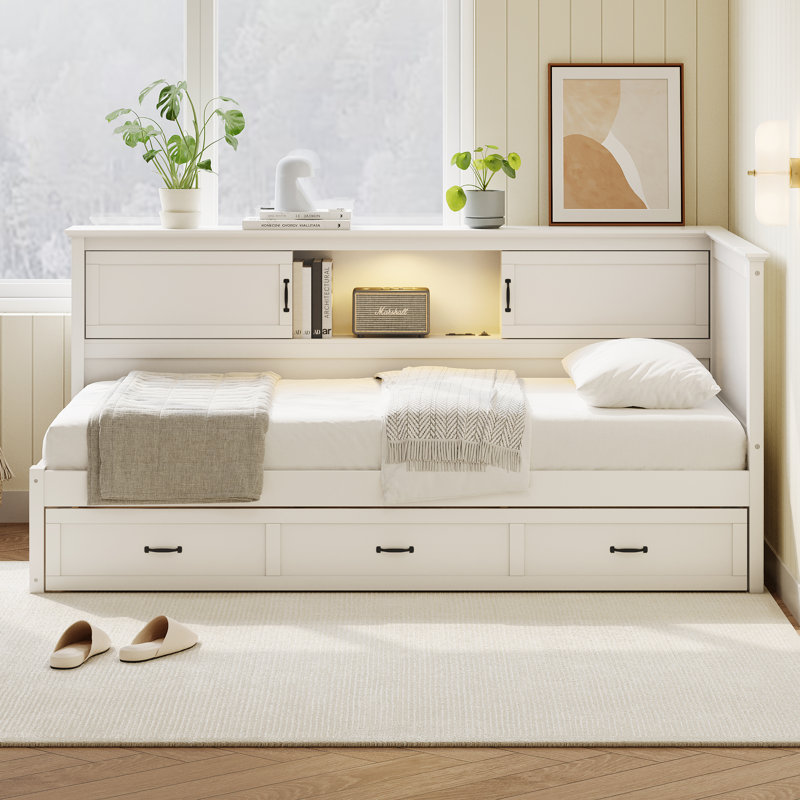 Latitude Run Sonas Partially Enclosed Corner Daybed With Bookcase Reading Light USB Port 3 Underbed Storage Drawers Wayfair